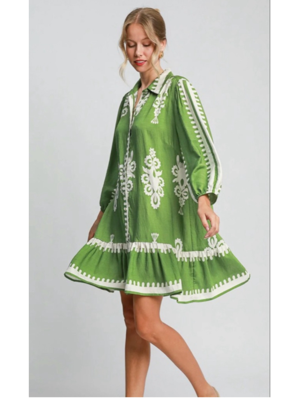 Umgee Mara Green White Design Dress Sz Small!